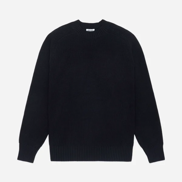 3Sixteen Cotton Crewneck Sweater Black front view with textured bouclé cotton knit and raglan sleeves.