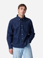 3Sixteen Denim Button Down Shirt Navy Wearing View