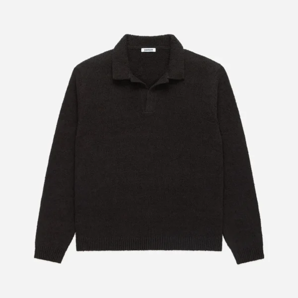 3Sixteen Long Sleeve Knit Polo Charcoal Brown Front Look